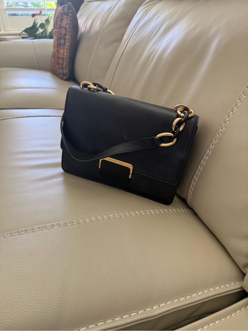 Michael Kors Black Leather Shoulder Bag with Gold Hardware